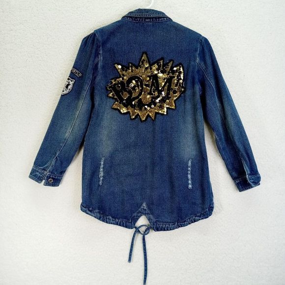 Source Unknown Other - Boom Sequin Hi-Low Hem‎ Denim Jacket Girls Sz 10-12 Blue Distressed